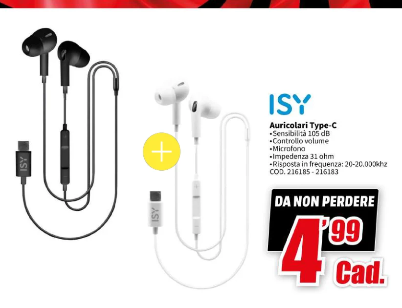 Auricolari Type-C sensibilità 105 dB Isy in offerta da MediaWorld