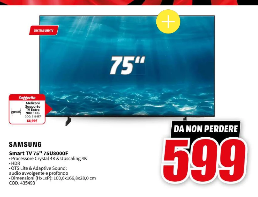 ″Smart TV 75″″ 75U8000F Processore Crystal 4K & Upscaling 4K″ Samsung in offerta da MediaWorld