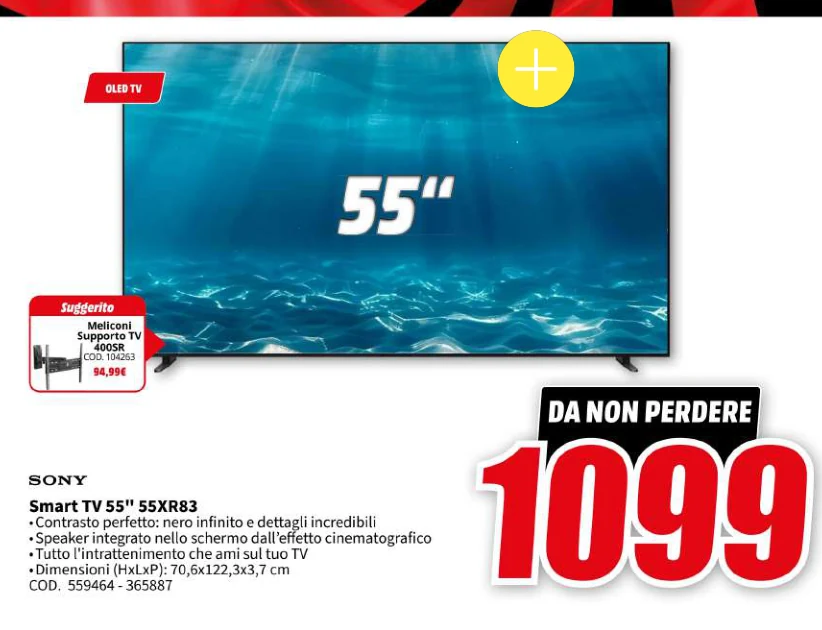 ″Smart TV 55″″ 55XR83 Contrasto perfetto: nero infinito e dettagli incredibili″ Sony in offerta da MediaWorld