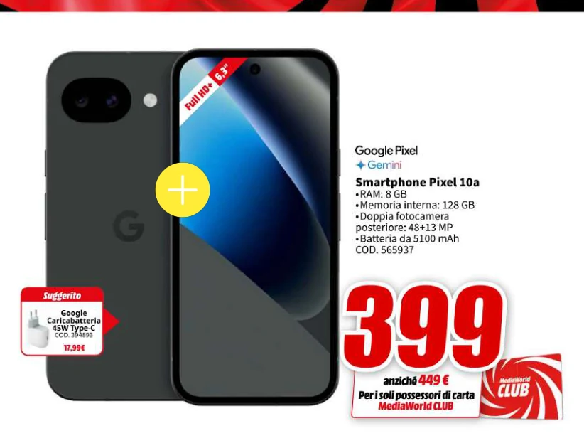 Gemini Smartphone Pixel 10a Google in offerta da MediaWorld
