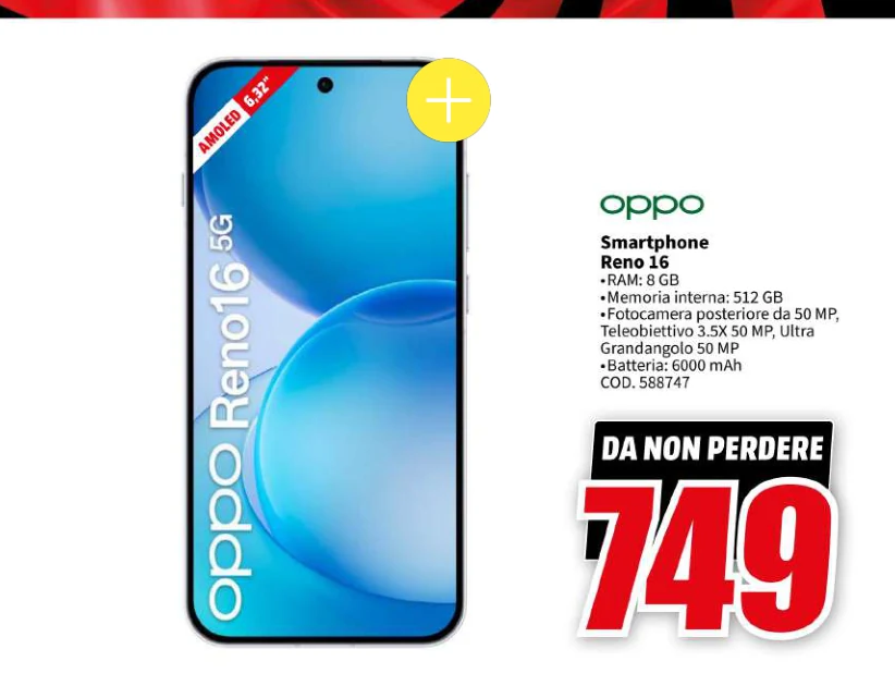 Smartphone Reno 16 Oppo in offerta da MediaWorld